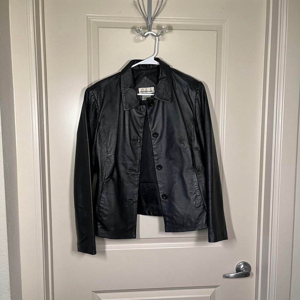 Vintage 90's Black Leather Collared Button Down Jacket Size M/L David Benjamin